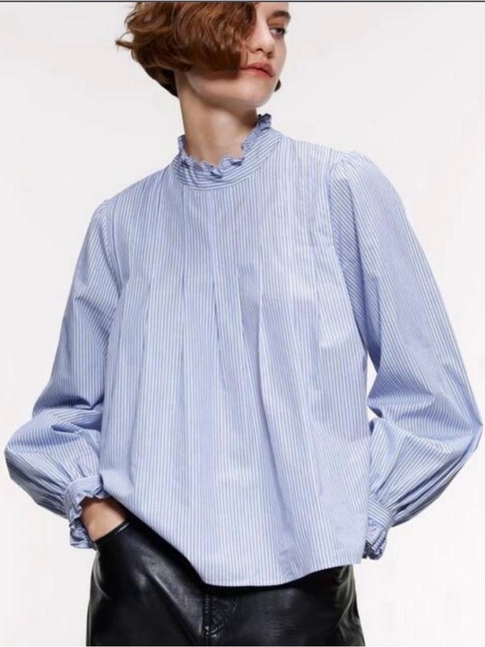 ZARA | Blue White Striped Ruffled Poplin Shirt Blouse
